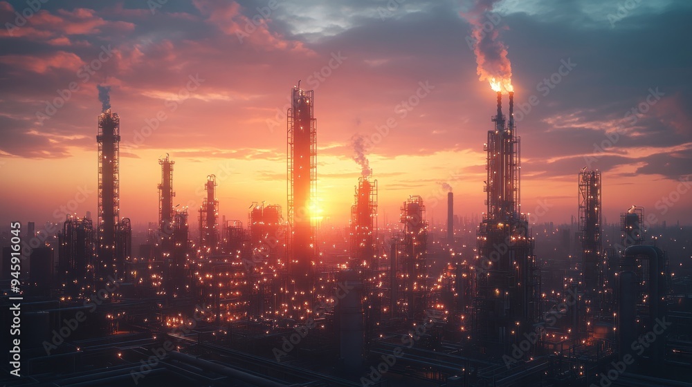 An industrial refinery complex at twilight symbolizing industry, energy production, and serene beauty. An industrial refinery complex at twilight symbolizing industry, energy production, and serene beauty.