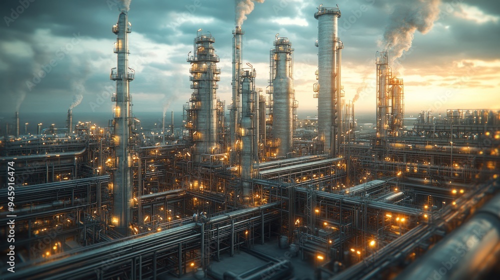 An expansive refinery plant symbolizing industry, energy production, and vast operations. An expansive refinery plant symbolizing industry, energy production, and vast operations.