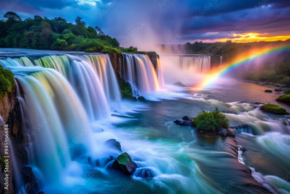 Obraz premium The rain has awakened the ancient ones, and the falls now flow with a mesmerizing, iridescent glow, as if the water itself has become a portal to another realm.