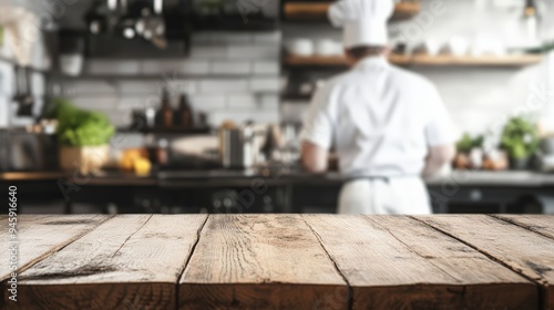 Beautiful wooden table surface with a blurred backdrop of a busy kitchen and a chef working in a restaurant