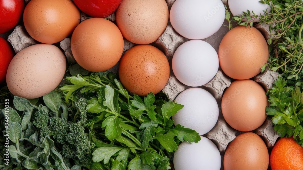A vibrant array of fresh eggs, tomatoes, and herbs, perfect for culinary and food-related projects. A vibrant array of fresh eggs, tomatoes, and herbs, perfect for culinary and food-related projects.