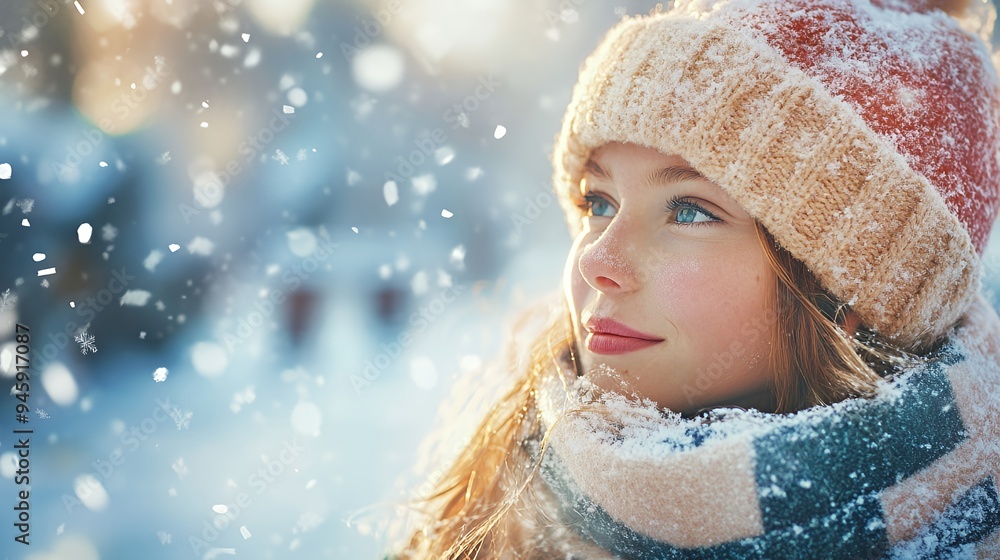 A young woman in a snowy landscape, wearing a warm hat and scarf, gazing thoughtfully. A young woman in a snowy landscape, wearing a warm hat and scarf, gazing thoughtfully.