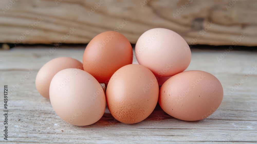 A collection of fresh eggs in various shades, resting on a rustic wooden surface. Perfect for culinary or farm-themed projects. A collection of fresh eggs in various shades, resting on a rustic wooden surface. Perfect for culinary or farm-themed projects.