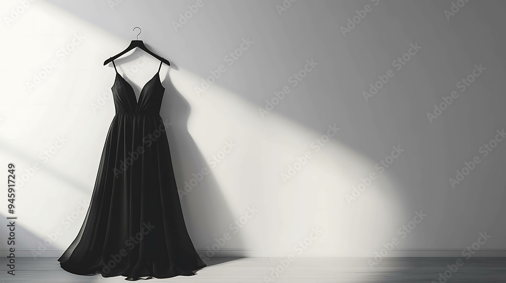 A black evening gown hangs on a hanger in front of a white wall with a sunbeam. A black evening gown hangs on a hanger in front of a white wall with a sunbeam.