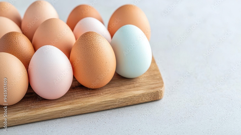 A collection of various eggs on a wooden board, showcasing unique colors and textures against a clean white background. A collection of various eggs on a wooden board, showcasing unique colors and textures against a clean white background.