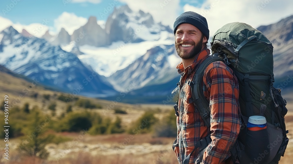 Mountains and hiking with man, smile and journey with nature, sunshine and getaway trip. Hobby, person and hiker with backpack, adventure and environment with happiness. Mountains and hiking with man, smile and journey with nature, sunshine and getaway trip. Hobby, person and hiker with backpack, adventure and environment with happiness.