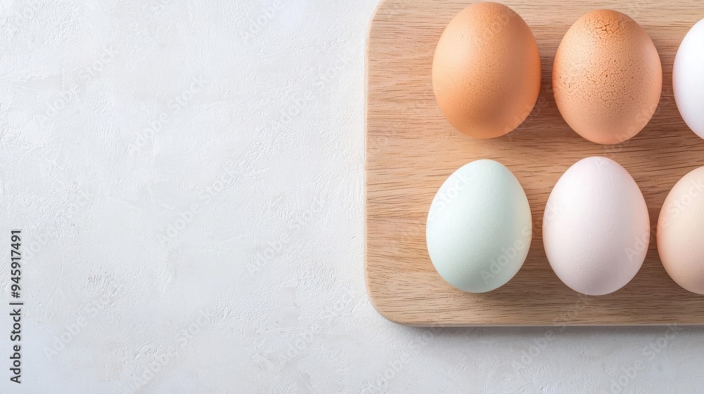Fresh eggs of various colors arranged on a wooden board, perfect for culinary and cooking themes. Fresh eggs of various colors arranged on a wooden board, perfect for culinary and cooking themes.