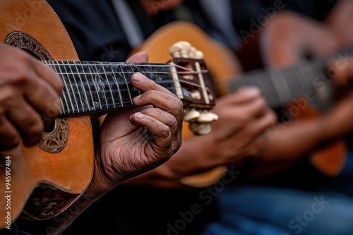 Latino Musicians: A close-up of hands playing traditional Latin instruments like the guitar, maracas, or congas, emphasizing the musical heritage.