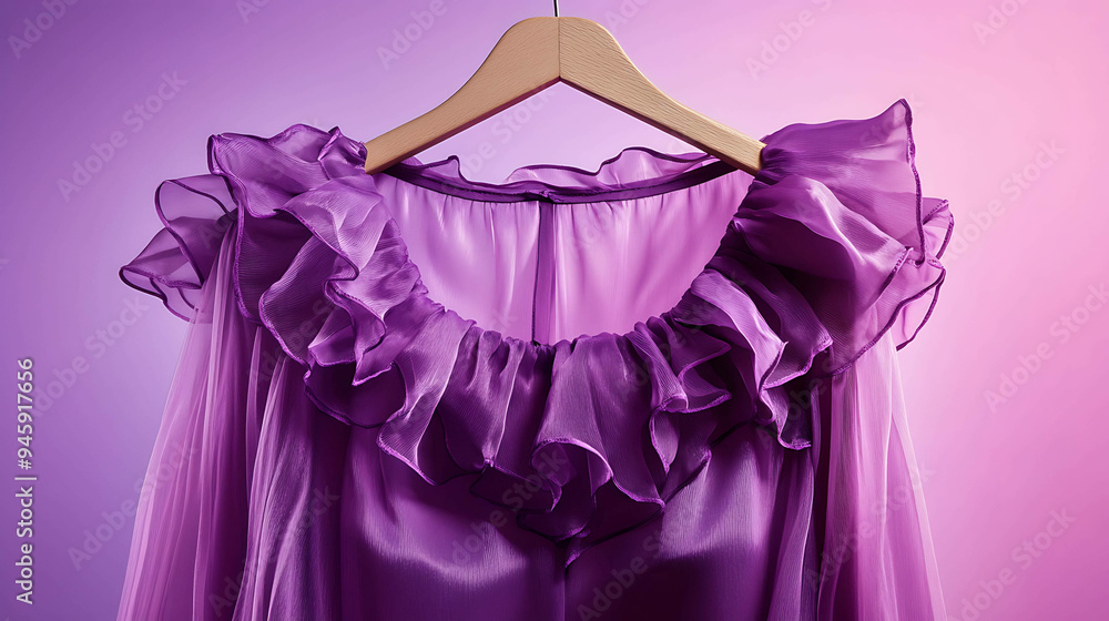 A purple blouse with ruffles hangs on a wooden hanger against a purple background. A purple blouse with ruffles hangs on a wooden hanger against a purple background.