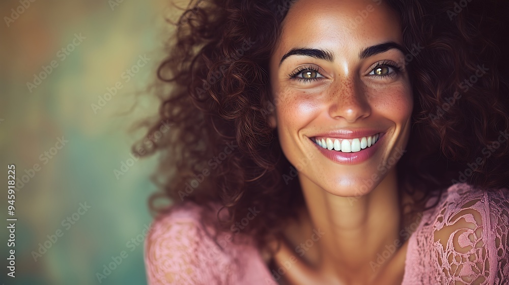 Smiling woman with curly hair, confident and joyful expression Smiling woman with curly hair, confident and joyful expression