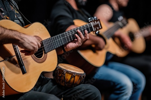 Latino Musicians: A close-up of hands playing traditional Latin instruments like the guitar, maracas, or congas, emphasizing the musical heritage.