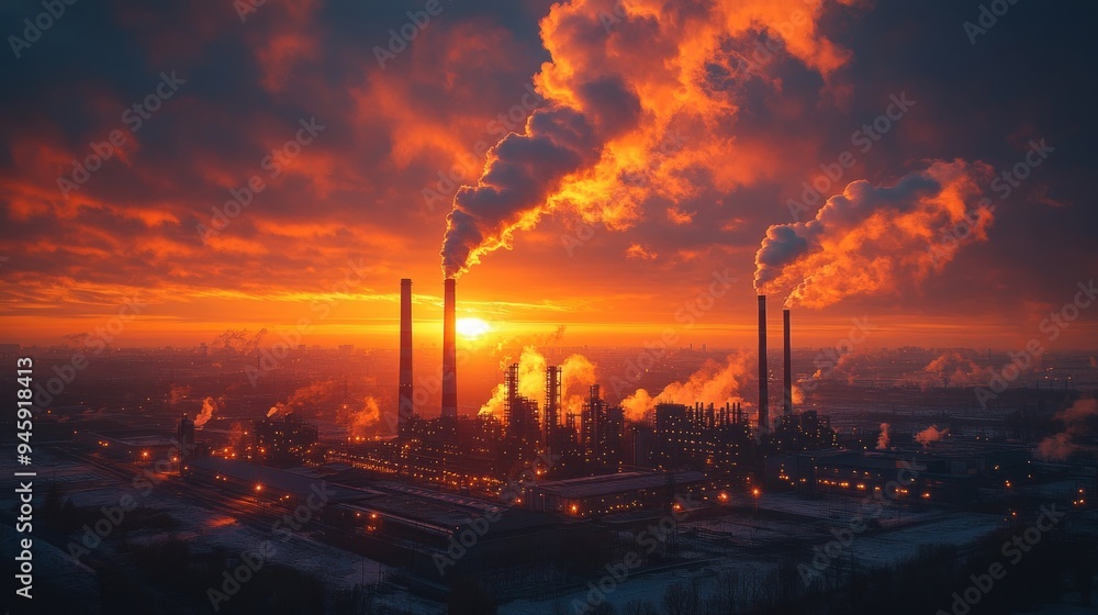 Industrial factory chimneys emitting smoke at sunset with vibrant clouds Industrial factory chimneys emitting smoke at sunset with vibrant clouds