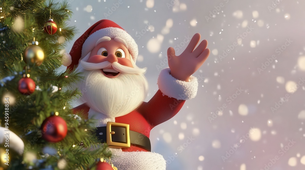 A cheerful Santa Claus waves beside a decorated Christmas tree in a snowy atmosphere. A cheerful Santa Claus waves beside a decorated Christmas tree in a snowy atmosphere.