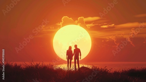 Couples dating under the sunset by the sea