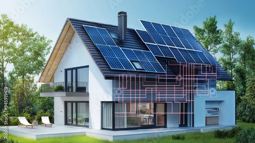 Modern House with Solar Panels and Smart Home Technology