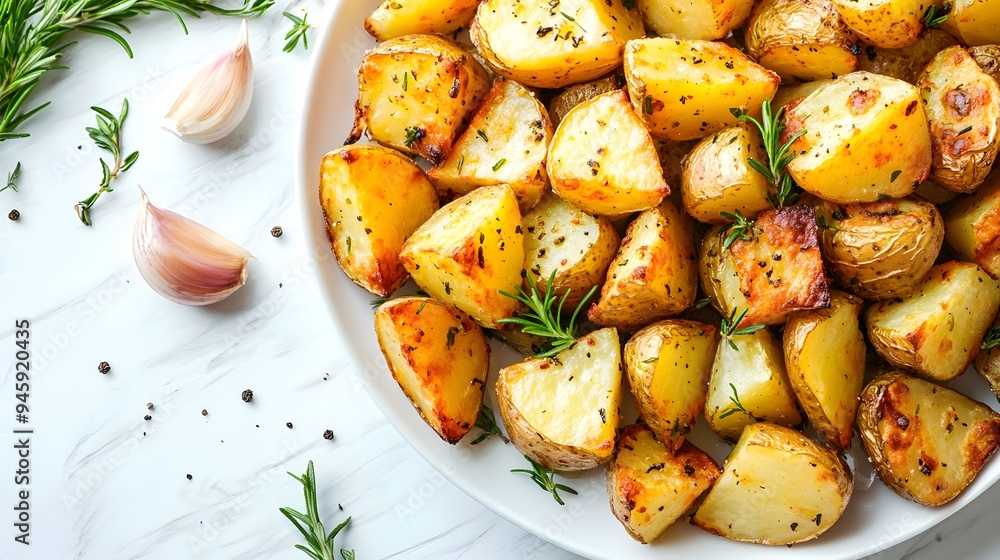 Roasted golden potatoes, white marble countertop, fresh herbs scattered, garlic cloves, crispy edges, seasoned with rosemary and thyme, rustic food photography, overhead view. Roasted golden potatoes, white marble countertop, fresh herbs scattered, garlic cloves, crispy edges, seasoned with rosemary and thyme, rustic food photography, overhead view.