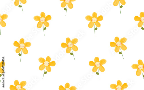Lovely Seamless Vector Pattern with Yellow Flowers. Kawaii Style Repeatable Print. Happy Flowers on a White Background. Cute Nursery Endless Design ideal for Fabric, Wrapping Paper. Blooming Garden. 