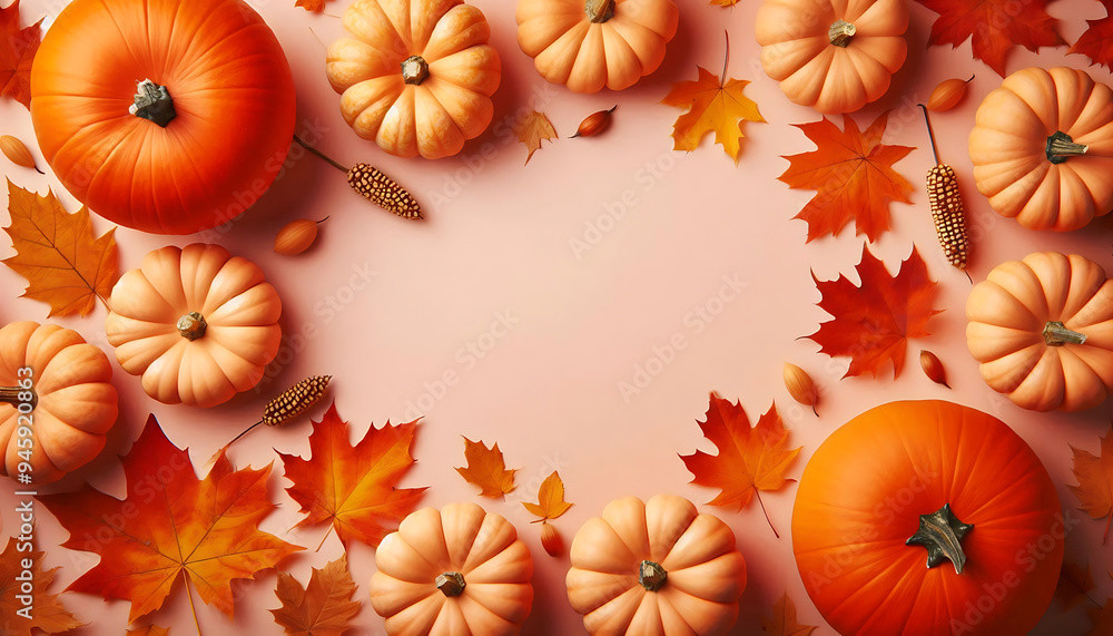Obraz premium A collection of small orange pumpkins arranged on a soft beige background autumn leaves in shades of orange and brown