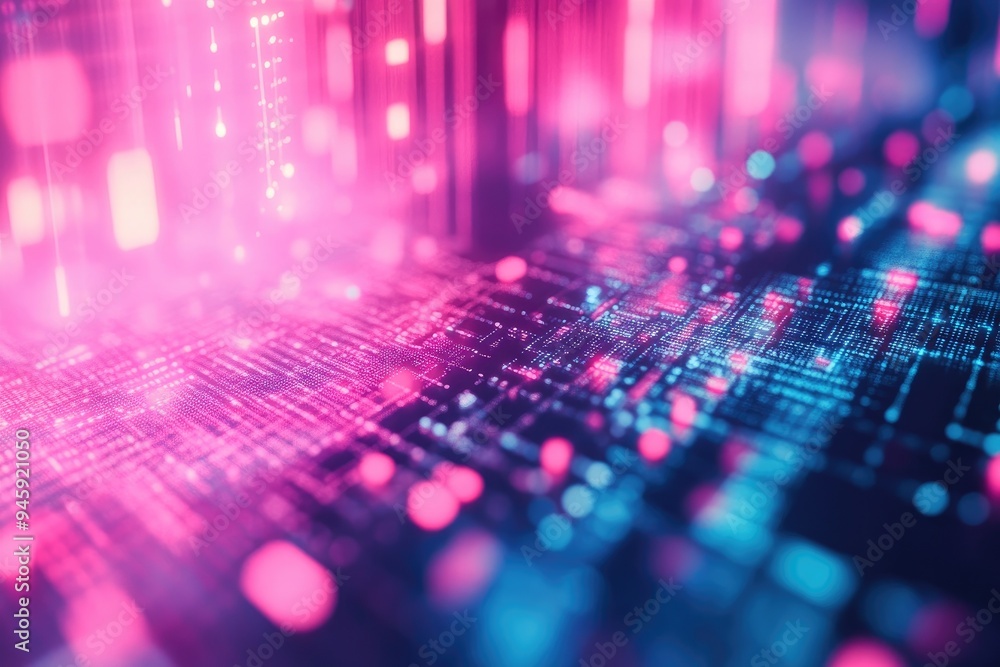 Abstract digital background with vibrant pink and blue lights creating a dynamic, futuristic atmosphere filled with data streams. Abstract digital background with vibrant pink and blue lights creating a dynamic, futuristic atmosphere filled with data streams.