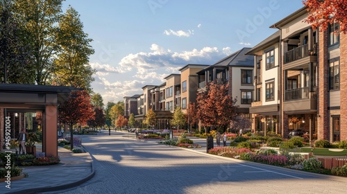 Modern apartment complex with lush landscaping and a paved walkway