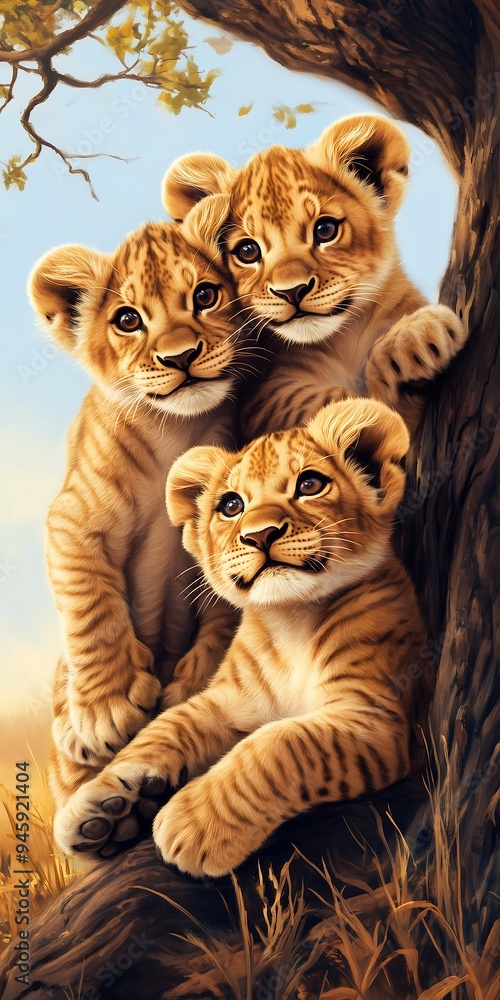 Three cute lion cubs playing together in the wild Three cute lion cubs playing together in the wild