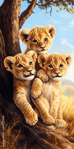 Three cute lion cubs playing together in the wild