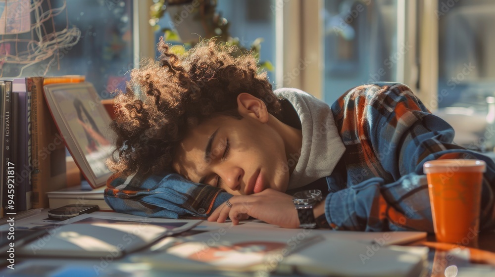 Young Multiracial Student Sleeping at Desk in Cozy Study Space with Books and Coffee Cup. Generative ai Young Multiracial Student Sleeping at Desk in Cozy Study Space with Books and Coffee Cup. Generative ai