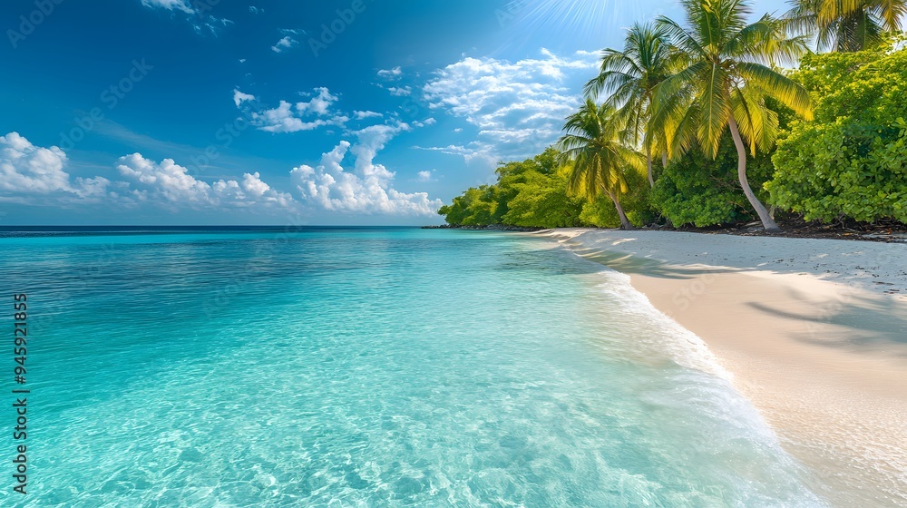 Fototapeta premium Tropical paradise panorama, pristine white sand beach, crystal clear turquoise water, lush green palm trees, vibrant blue sky, bright sunlight, calm ocean waves, remote island coastline.