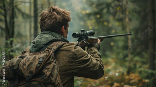 A hunter wearing camouflage gear and a backpack carefully aims a rifle in a dense, misty forest setting, focused on his target. 