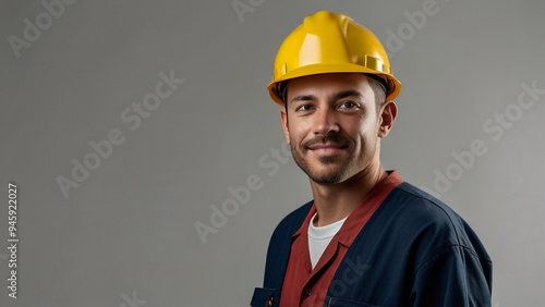 A worker portrait with yellow helmet on white background Happy labor day celebration A Labor with copy space background banner