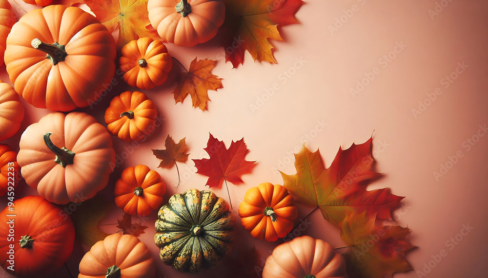 Fototapeta premium A collection of small orange pumpkins arranged on a soft beige background autumn leaves in shades of orange and brown