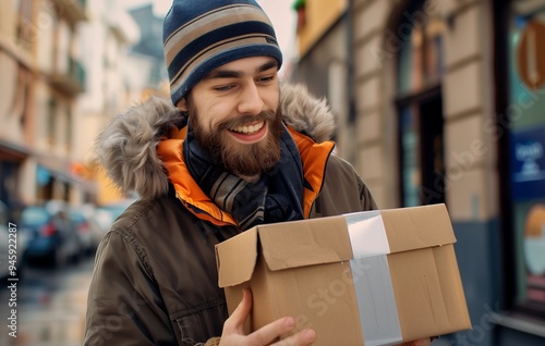 Happy man holding a package while walking on a cold day