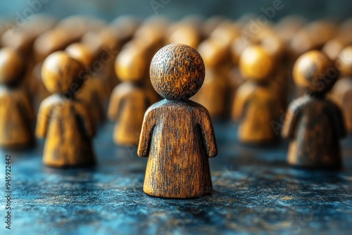 Wooden Figurine in a Crowd: A single wooden figurine stands out in a crowd of similar figures, symbolizing individuality, leadership, or a unique perspective. This image evokes themes of standing apar photo