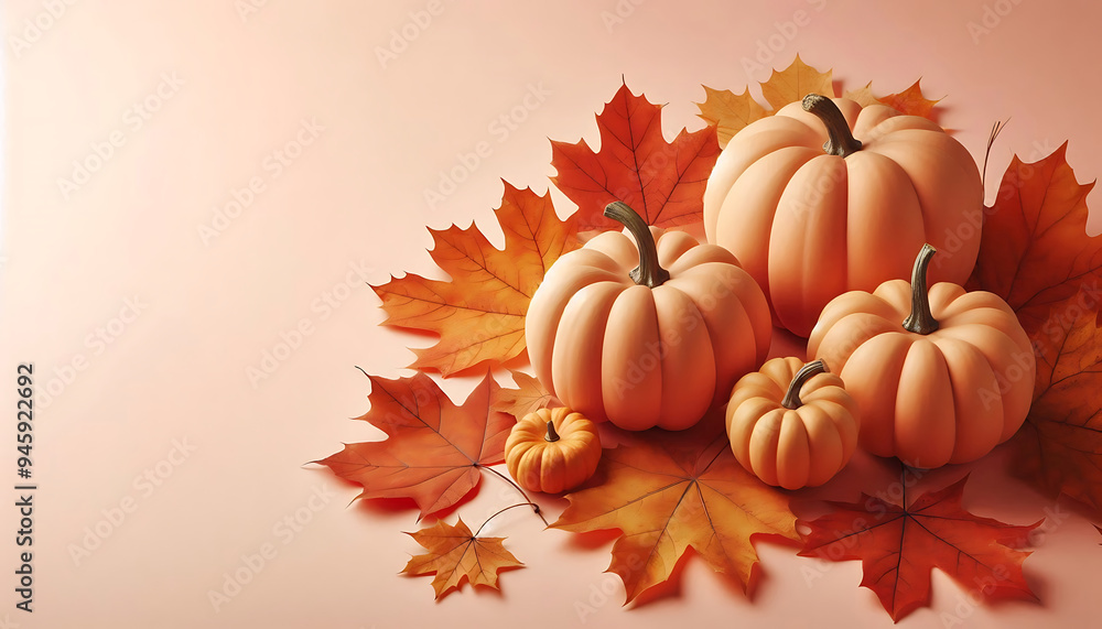 A collection of small orange pumpkins arranged on a soft beige background autumn leaves in shades of orange and brown A collection of small orange pumpkins arranged on a soft beige background autumn leaves in shades of orange and brown