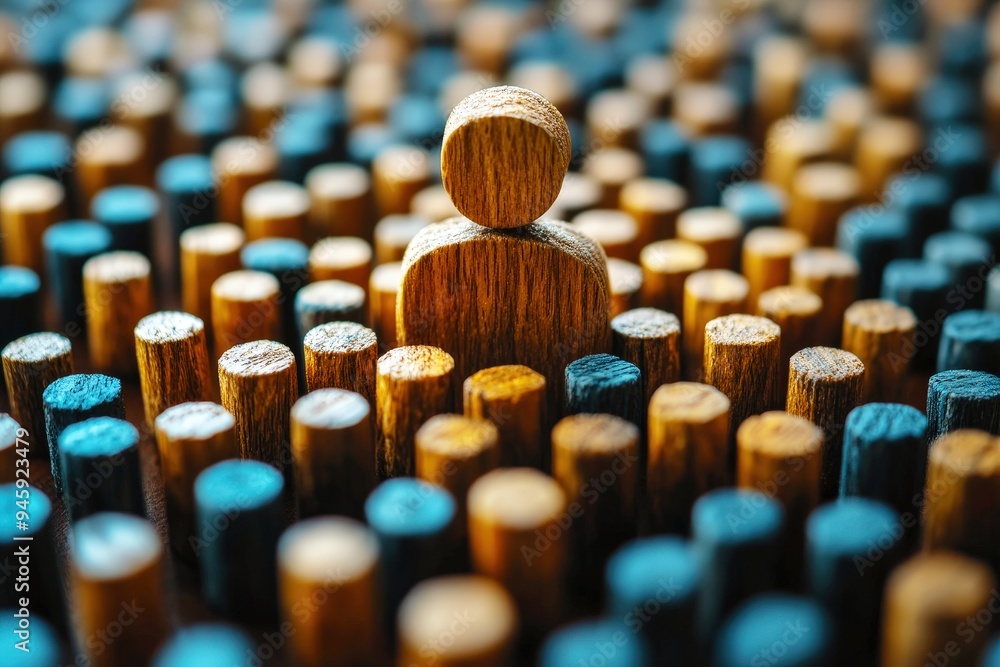 Obraz premium Standing Out: Wooden figure stands tall amidst a sea of others, symbolizing leadership, uniqueness, and the power of individual contribution. 
