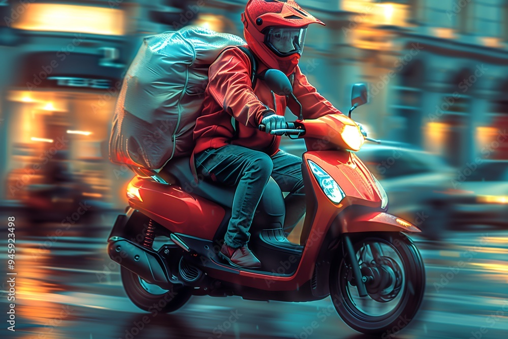 Motorcycle courier in red jacket delivering packages at night Motorcycle courier in red jacket delivering packages at night