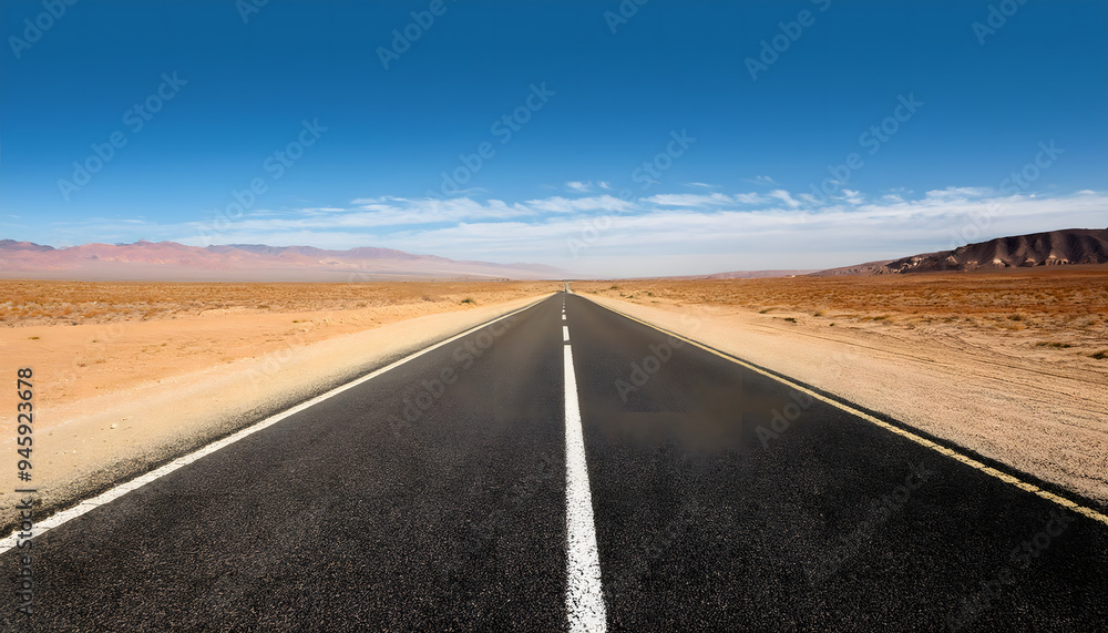 Empty straight asphalt road in the desert, isolated on transparent background Empty straight asphalt road in the desert, isolated on transparent background