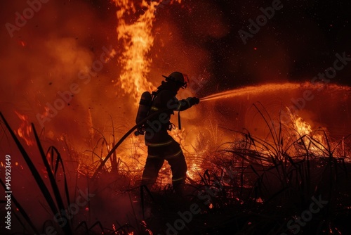 Firefighter battling flames in dense brush during nighttime operations in a wildfire