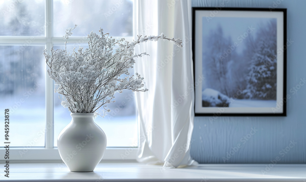 A delicate vase adorns a tall white window, resting on a white wooden table. A framed picture of a snowy landscape serves as the background A delicate vase adorns a tall white window, resting on a white wooden table. A framed picture of a snowy landscape serves as the background