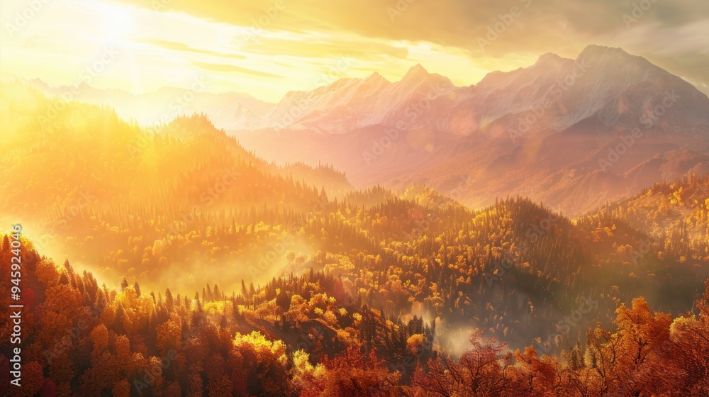 Fototapeta premium Forest cloud and mist scenery in early autumn morning daylight