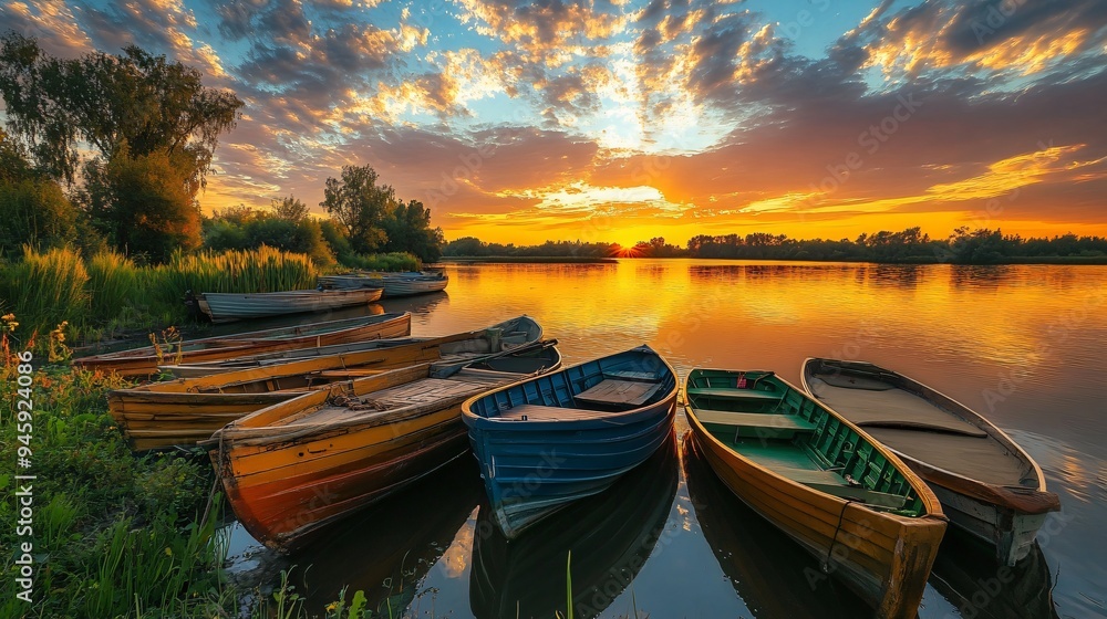 Serene River Sunset with Moored Boats - Stunning Waterfront View Serene River Sunset with Moored Boats - Stunning Waterfront View