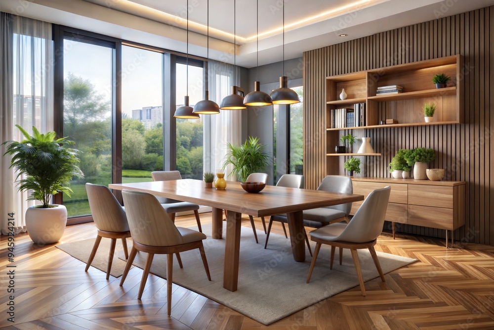 Fototapeta premium Interior design of modern dining room, dining table and wooden chairs. 3d rendering.