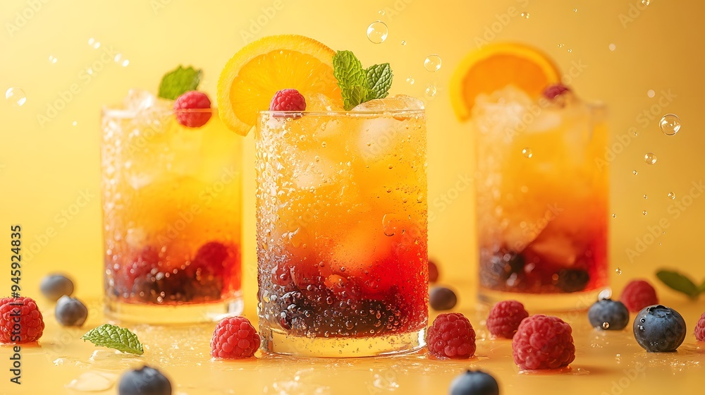 Vibrant fruit cocktails, ombre effect from red to yellow, ice cubes, orange slice garnish, mint leaves, raspberries and blueberries in foreground, bubbles floating, bright light yellow background. Vibrant fruit cocktails, ombre effect from red to yellow, ice cubes, orange slice garnish, mint leaves, raspberries and blueberries in foreground, bubbles floating, bright light yellow background.