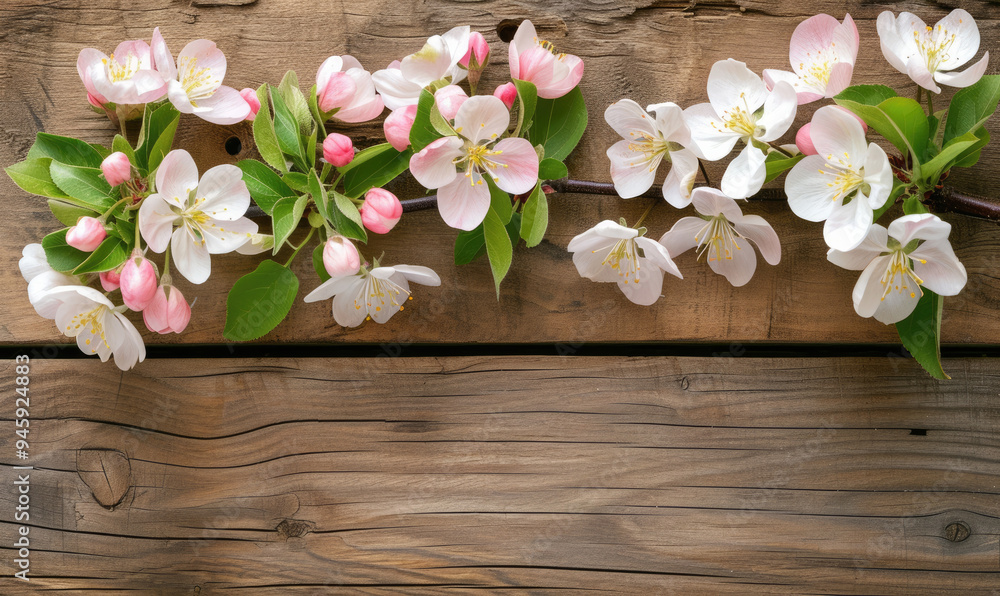 Spring apple blossoms flowering branch on wooden background with copy space Spring apple blossoms flowering branch on wooden background with copy space