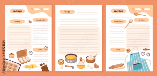 Recipe cards and meal planner. Template cookbook sheets for recipe, notes on cooking and ingredients. Vector flat illustration