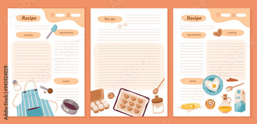 Template cookbook sheets for recipe, notes on cooking and ingredients. Recipe cards and meal planner. Flat vector illustration
