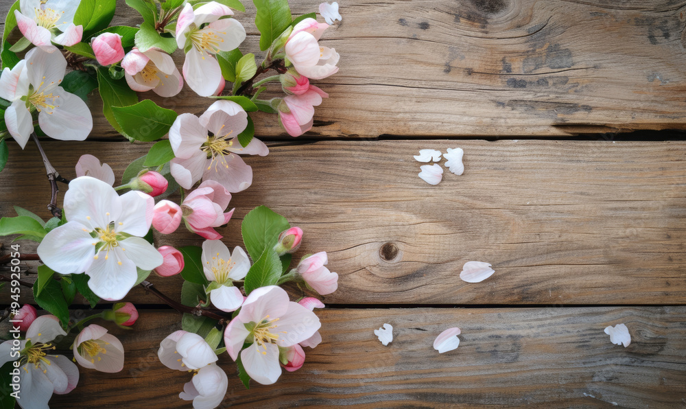 Spring apple blossoms flowering branch on wooden background with copy space Spring apple blossoms flowering branch on wooden background with copy space