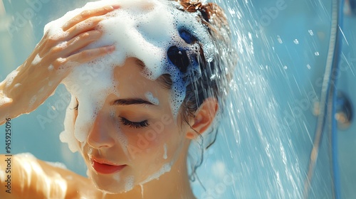 Glamorous Woman Washing Hair with Shampoo in Shower photo