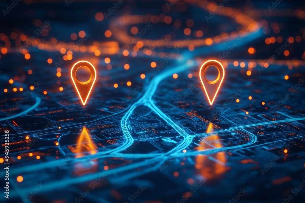 Two glowing location pins on a futuristic, digital map of a city at night, with glowing blue lines depicting roads and orange dots representing buildings. Two glowing location pins on a futuristic, digital map of a city at night, with glowing blue lines depicting roads and orange dots representing buildings.