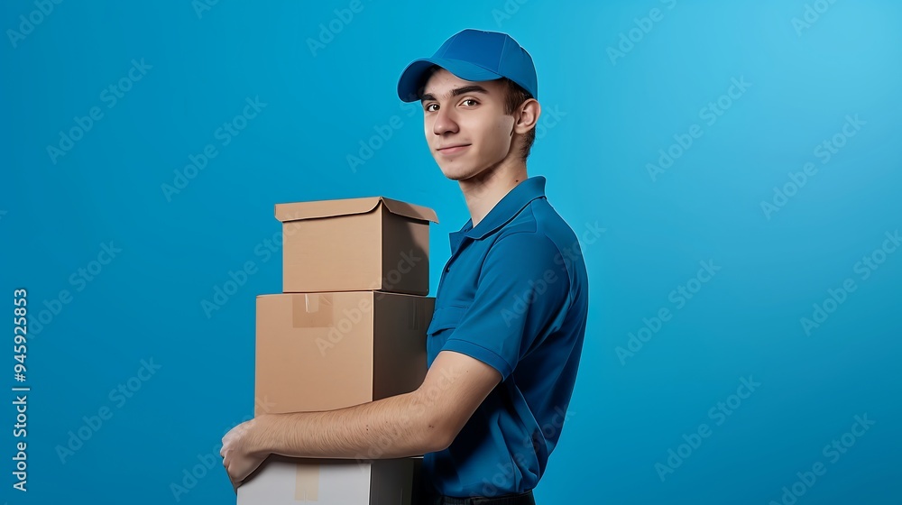 Young delivery man in blue uniform with stacked packages Young delivery man in blue uniform with stacked packages